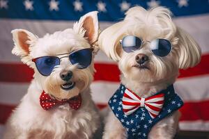 schattig hondjes slijtage feestelijk kleren in Amerikaans vlag kleuren. onafhankelijkheid dag of vlag dag. generatief ai illustratie foto