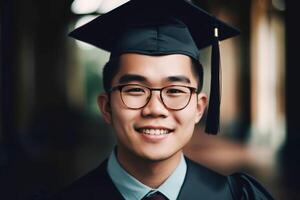 portret van Aziatisch Amerikaans jong Mens vervelend een diploma uitreiking kap. studie, opleiding, afstuderen concept. generatief ai illustratie foto