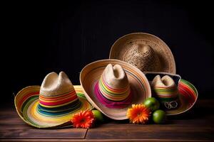 cinco de mayo vakantie achtergrond. Mexicaans partij sombrero hoed en bloemen Aan een houten achtergrond. generatief ai illustratie foto
