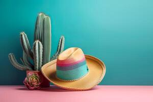 cinco de mayo vakantie achtergrond. Mexicaans cactus en partij sombrero hoed Aan roze turkoois achtergrond. generatief ai illustratie foto