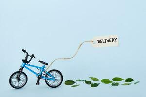 creatief eco levering concept. fiets emitting groen bladeren en label met levering tekst Aan blauw achtergrond foto