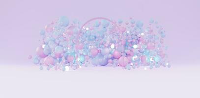 creatief teder mode achtergrond vliegend gebied vormen in pastel palet getextureerde achtergrond tafereel pastel gekleurde ballen licht gekleurde kralen roze en blauw 3d illustratie foto