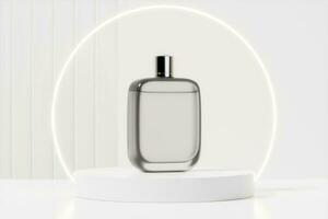 grijs fles van parfum Aan verlichte achtergrond foto