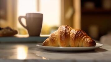 ochtend- koffie met croissant. illustratie ai generatief foto