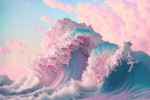 generatief ai een Golf van water en wolken in pastel kleuren en een roze en blauw tinten, met een licht roze en blauw getinte achtergrond van een wit en roze foto