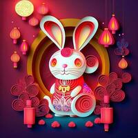 papier besnoeiing filigraan multidimensionaal Chinese stijl schattig dierenriem konijn met lantaarns, bloesem perzik bloem in achtergrond, Chinese nieuw jaar. maan- nieuw jaar 2023 concept foto
