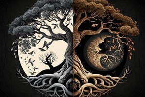 ying yang concept van balans yggdrasil boom van leven norse mythologie. balans concept. generatief ai foto