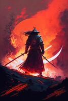 een samurai in een demonische rood masker Aan de slagveld maakt een schommel met een katana creëren een sissend brand ring in de omgeving van, hij is een mystiek krijgshaftig. illustratie schilderij ai generatief foto