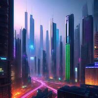 3d futuristische neon-verlicht wolkenkrabbers fotorealistisch illustratie ai gegenereerd foto