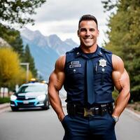 sexy Politie officier met tank top uniform en bergachtig achtergrond realistisch illustratie ai gegenereerd foto