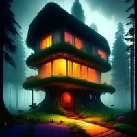 modern biologisch huis met rustgevend verlichting in de nevelig bossen foto