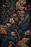 generatief ai, bloemen kleurrijk patroon. William morris geïnspireerd natuurlijk planten en bloemen verticaal achtergrond, wijnoogst illustratie. gebladerte ornament. foto