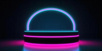 generatief ai, sci-fi futuristische neon gloeiend banier met podium. abstract cyberpunk achtergrond voor Promotie goederen. mockup sjabloon foto