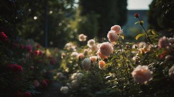 generatief ai, mooi zomer privaat tuin met veel bloemen en planten, natuur landschap, Engels platteland huisje stijl foto