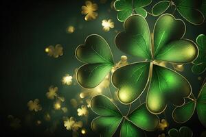 feestelijk achtergrond met schijnend Klaver klavers en gouden bokeh. st. Patrick dag achtergrond. generatief ai illustratie foto