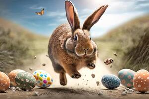 rennen gelukkig Pasen konijn met eieren vliegend overal. Pasen konijn met Pasen eieren, Pasen dag concept generatief ai foto