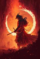 een samurai in een demonische rood masker Aan de slagveld maakt een schommel met een katana creëren een sissend brand ring in de omgeving van, hij is een mystiek krijgshaftig. illustratie schilderij ai generatief foto