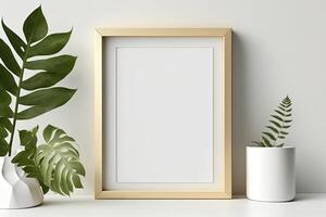 blanco afbeelding kader mockup Aan muur in modern interieur. artwork sjabloon bespotten omhoog in interieur ontwerp. houten afbeelding kader mockup Aan wit muur minimalistische - generatief ai foto