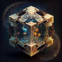 tesseract met fractal ontwerp in bestellen en chaos. abstract multiversum wereld met kubiek ai generatief . creatief surrealistische aarde milieu door puzzel artwork bouw foto