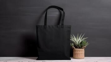 generatief ai, realistisch zwart tote canvas kleding stof zak opstelling in Bij huis minimalistisch interieur met planten, bespotten omhoog blanco. foto