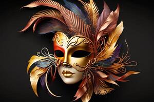 Venetiaanse carnaval masker. goud kleur, gekleurde veren. gelukkig carnaval festival, attributen van de braziliaans carnaval. Venetiaanse carnaval masker en kralen decoratie. mardi gras achtergrond. generatief ai foto