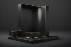 generatief ai zwart achtergrond en Product podium staan studio. elegant zwart kubus staan voor Product plaatsing model. minimaal doos platform toonzaal met plek licht. foto