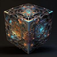 tesseract met fractal ontwerp in bestellen en chaos. abstract multiversum wereld met kubiek ai generatief . creatief surrealistische aarde milieu door puzzel artwork bouw foto