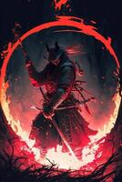 een samurai in een demonische rood masker Aan de slagveld maakt een schommel met een katana creëren een sissend brand ring in de omgeving van, hij is een mystiek krijgshaftig. illustratie schilderij ai generatief foto