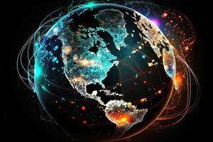 globaal kaart van de wereld, de aarde communicatie technologieën met internet effect. futuristische modern generatief ai foto