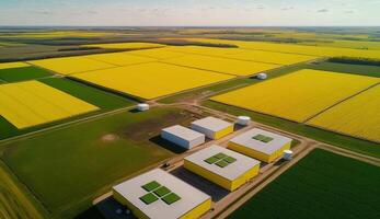 generatief ai, boerderij landschap, agrarisch tarwe velden, mooi platteland, land weg. natuur illustratie, fotorealistisch top visie drone, horizontaal spandoek. foto