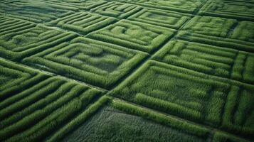 generatief ai, veld- van groen gras met water besprenkeld, antenne visie dar fotografie. moeras landschap. foto