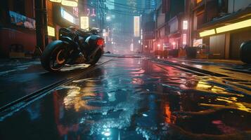 generatief ai, nacht tafereel van na regen stad in cyberpunk stijl, futuristische nostalgisch jaren 80, jaren 90. neon lichten levendig kleuren, fotorealistisch horizontaal illustratie. foto