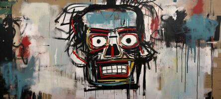 generatief ai, straat graffiti abstract kunst met lelijk gezicht Aan een getextureerde muur wijnoogst achtergrond, geïnspireerd door jean-michel basquiat, nieuw york stedelijk stijl. foto