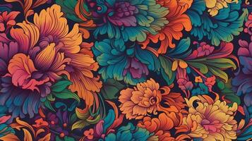 generatief ai, bloemen kleurrijk naadloos patroon. lisa openhartig en James jean geïnspireerd natuurlijk planten en bloemen achtergrond, psychedelisch illustratie. gebladerte ornament. foto