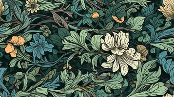 generatief ai, bloemen kleurrijk patroon. William morris geïnspireerd natuurlijk planten en bloemen achtergrond, wijnoogst illustratie. gebladerte ornament. foto