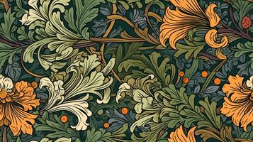 generatief ai, bloemen kleurrijk patroon. William morris geïnspireerd natuurlijk planten en bloemen achtergrond, wijnoogst illustratie. gebladerte ornament. foto