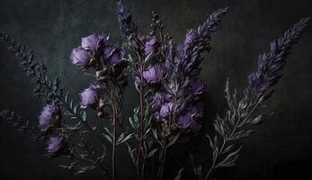 generatief ai, dichtbij omhoog van bloeiend bloemperken van verbazingwekkend lavendel Purper bloemen Aan donker humeurig bloemen getextureerde achtergrond. fotorealistisch effect. foto