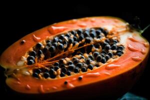 generatief ai, macro vers voor de helft van papaja fruit achtergrond. tropisch exotisch detailopname foto met druppels