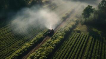 generatief ai, boerderij landbouw gedrenkt of pesticiden verstuiven groen velden. irrigatie uitrusting systeem, antenne visie foto