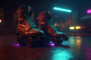 generatief ai, rol vleet in cyberpunk stijl, disco nostalgisch jaren 80, jaren 90. neon nacht lichten levendig kleuren, fotorealistisch horizontaal illustratie van de futuristische stad. sport werkzaamheid concept. foto