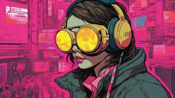 generatief ai, persoon in bril, cyberpunk anime stijl geïnspireerd door josan gonzalez. licht geel en roze kleuren, virtueel realiteit concept foto