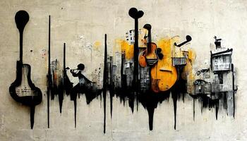 generatief ai, abstract straat kunst met sleutels en musical instrumenten silhouetten. inkt kleurrijk graffiti kunst Aan een getextureerde papier wijnoogst achtergrond, geïnspireerd door banksy foto