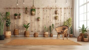 generatief ai, eco houten kamer met planten met natuurlijk meubilair, boho etnisch chique stijl interieur ontwerp foto