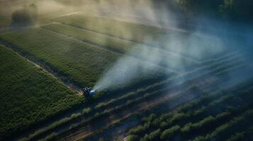 generatief ai, boerderij landbouw gedrenkt of pesticiden verstuiven groen velden. irrigatie uitrusting systeem, antenne visie foto