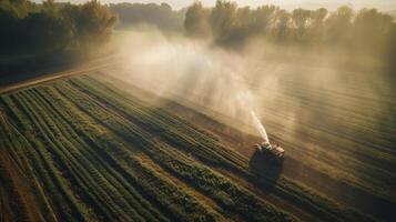 generatief ai, boerderij landbouw gedrenkt of pesticiden verstuiven groen velden. irrigatie uitrusting systeem, antenne visie foto