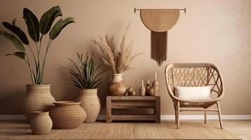 generatief ai, eco houten kamer met planten met natuurlijk meubilair, boho etnisch chique stijl interieur ontwerp foto