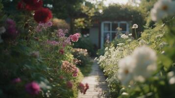 generatief ai, mooi zomer privaat tuin met veel bloemen en planten, natuur landschap, Engels platteland huisje stijl foto