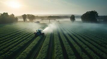 generatief ai, boerderij landbouw gedrenkt of pesticiden verstuiven groen velden. irrigatie uitrusting systeem, antenne visie foto