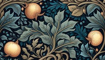 generatief ai, bloemen kleurrijk patroon. William morris geïnspireerd natuurlijk planten en bloemen achtergrond, wijnoogst illustratie. gebladerte ornament. foto