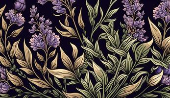 generatief ai, bloemen lavendel kruiden kleurrijk patroon. William morris geïnspireerd natuurlijk planten en lavandula bloemen achtergrond, wijnoogst illustratie. gebladerte ornament. foto